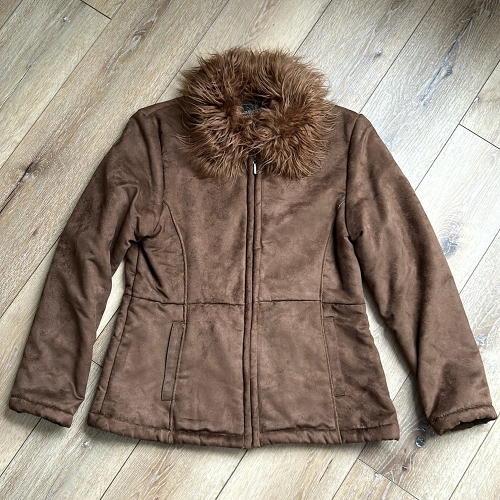 Women’s Outbrook Size Missy L 10-12 Faux Fur Suede Vintage Brown Y2K Jac…